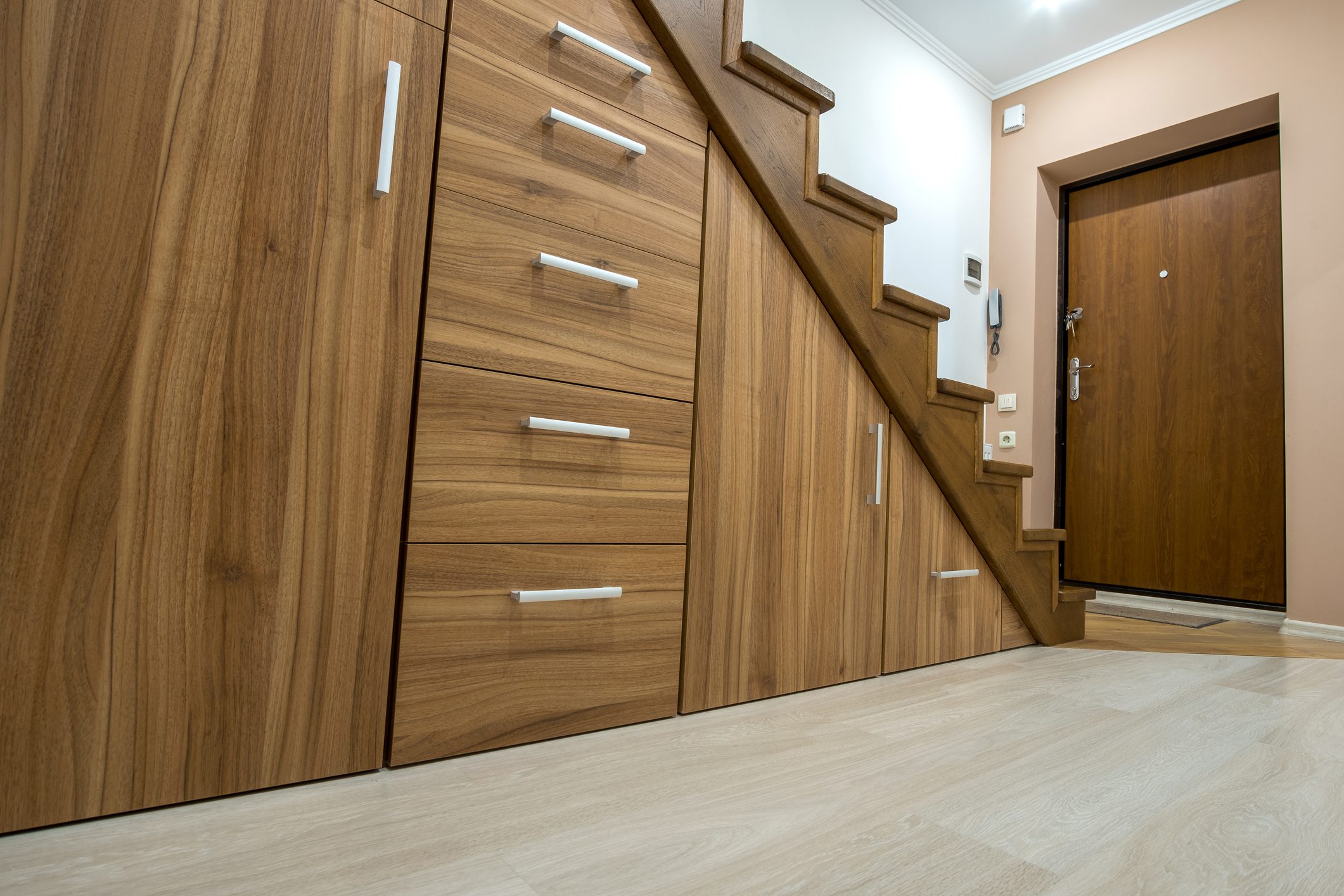 Wooden staircase with built-in storage drawers