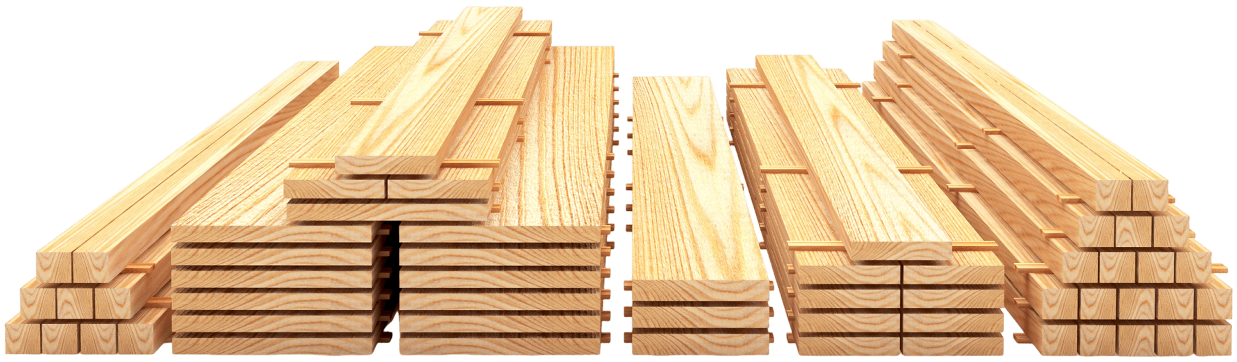 Assorted timber boards in rows